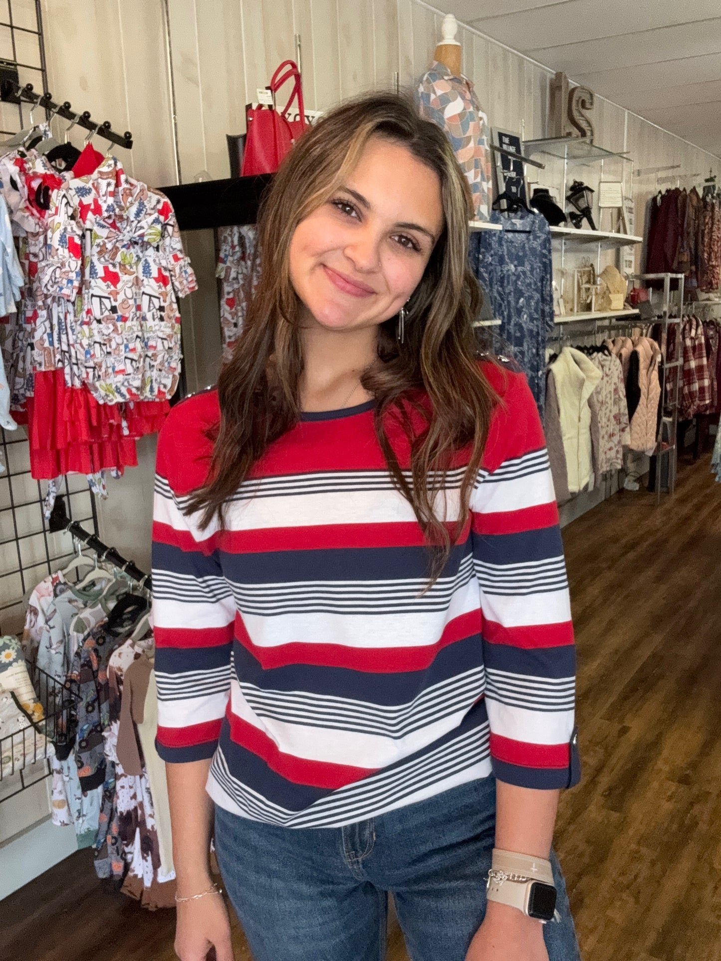 Red/White/Blue Knit Striped 3/4 Sleeve Top