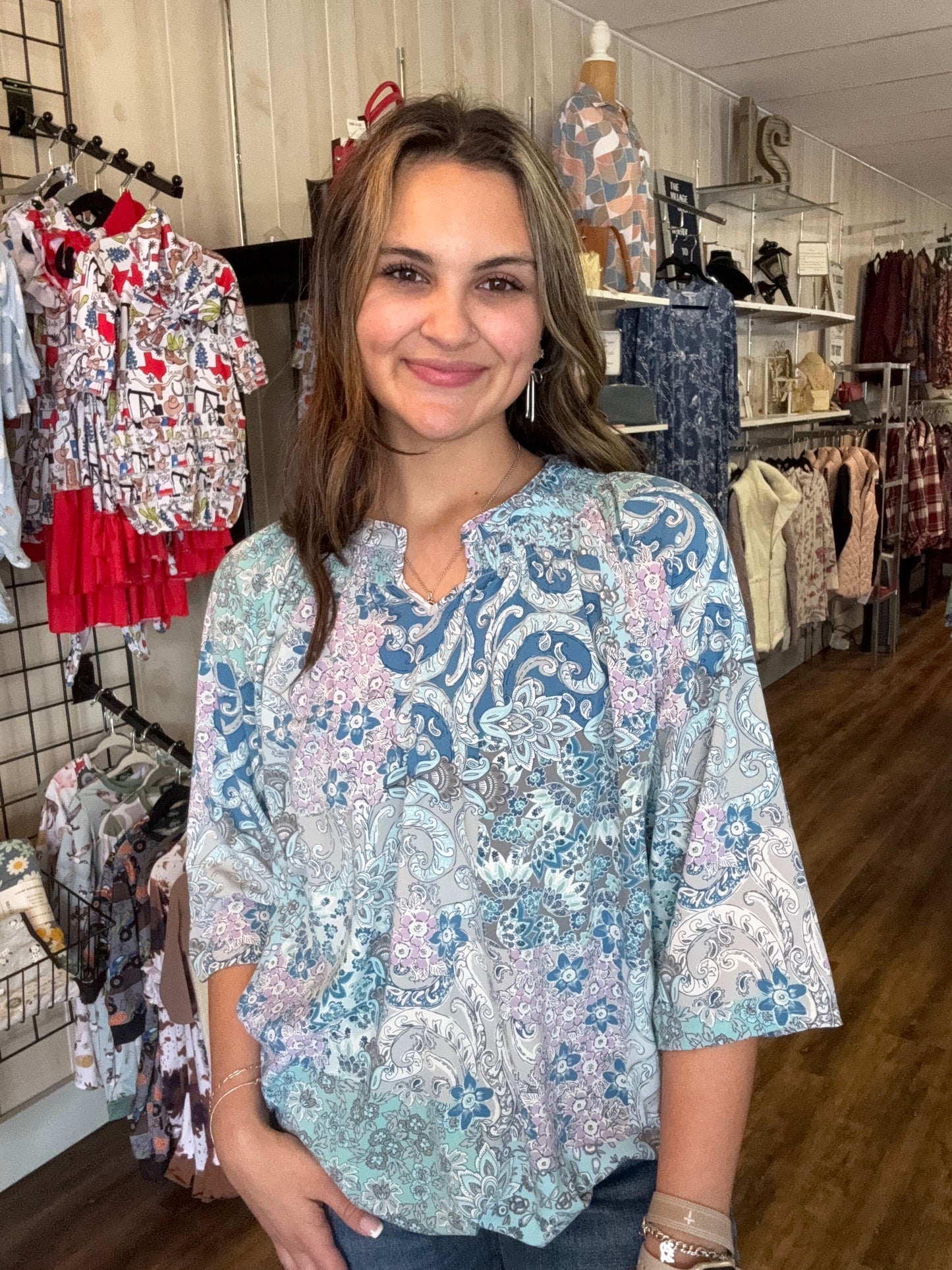 Blue Multicolor Floral Top 3/4 Sleeve Smocked Neckline