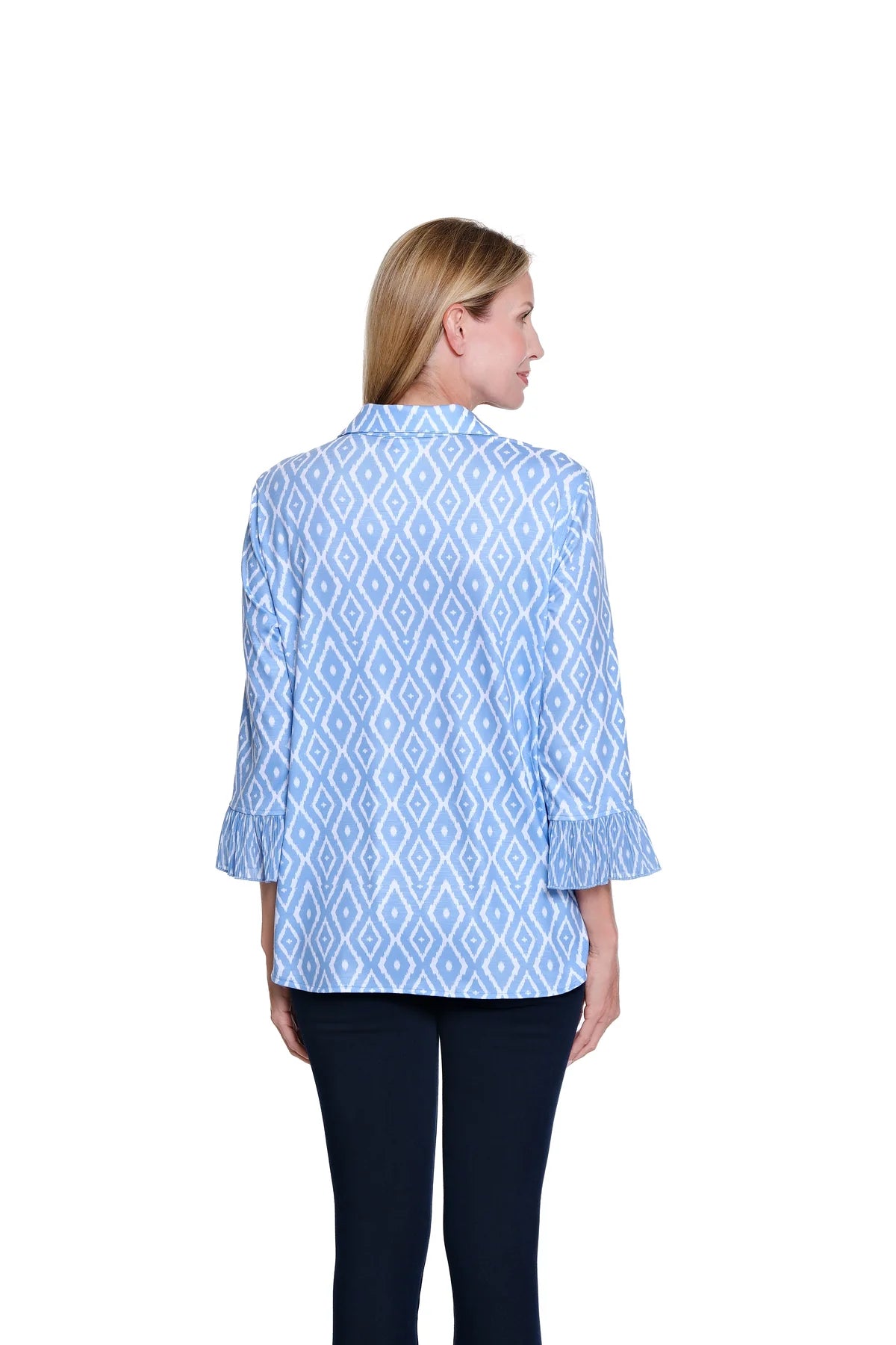 Blue and White Pleated Flounce 3/4 SLV Top