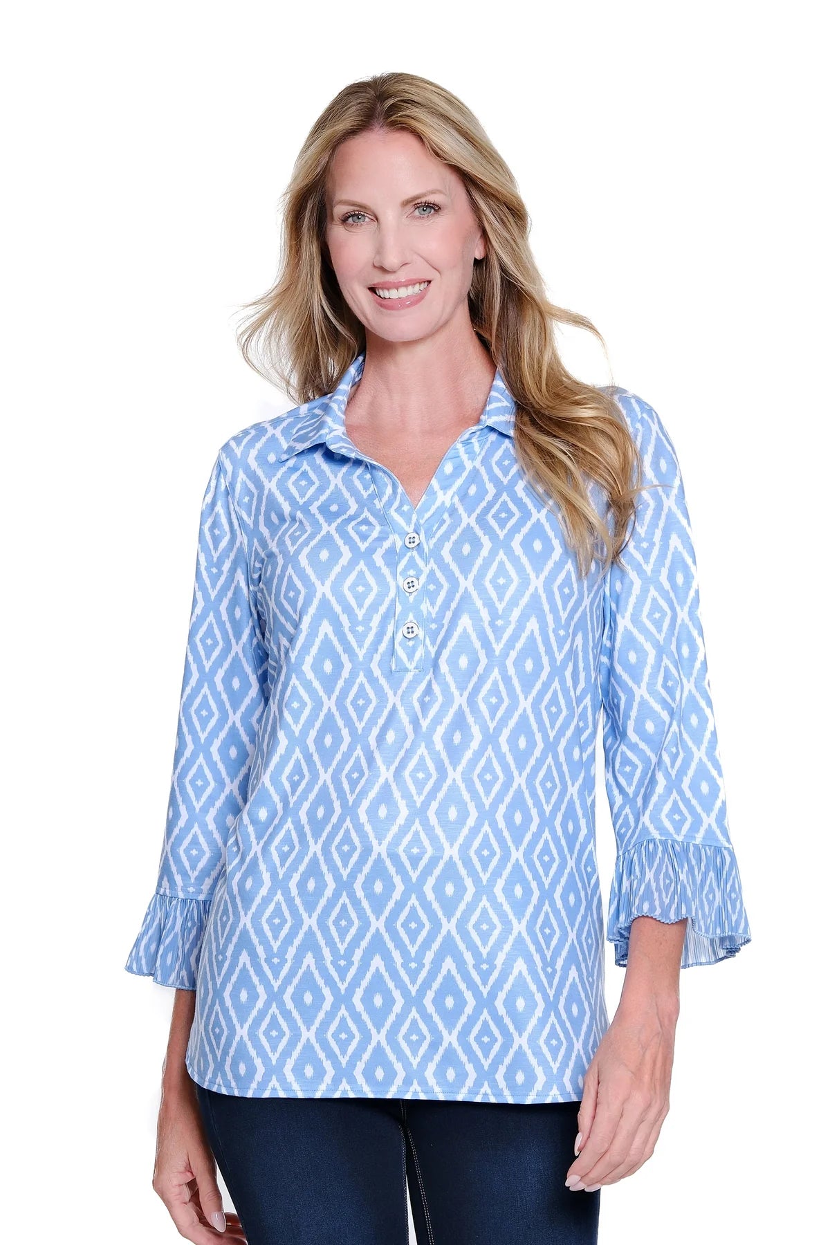 Blue and White Pleated Flounce 3/4 SLV Top