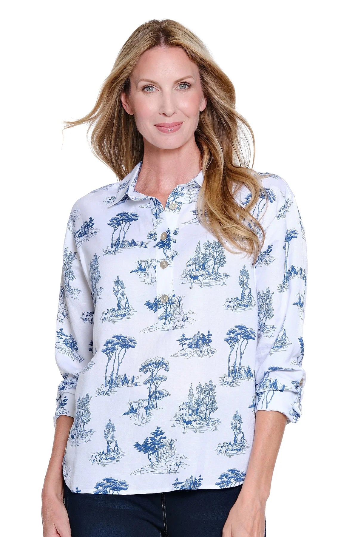 Blue and White Roll Tab with Dog Print Top