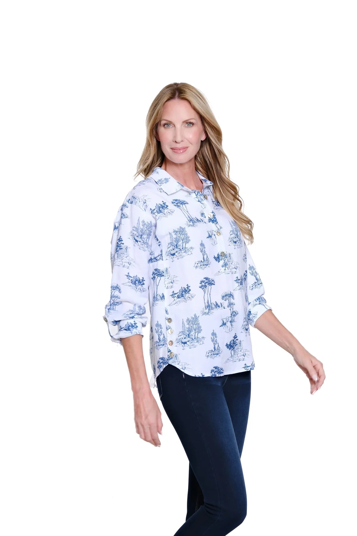 Blue and White Roll Tab with Dog Print Top