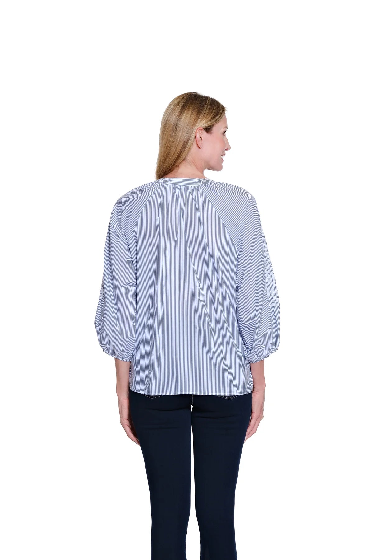 Blue and White Raglan SLV Front Tie Waist Plus Top