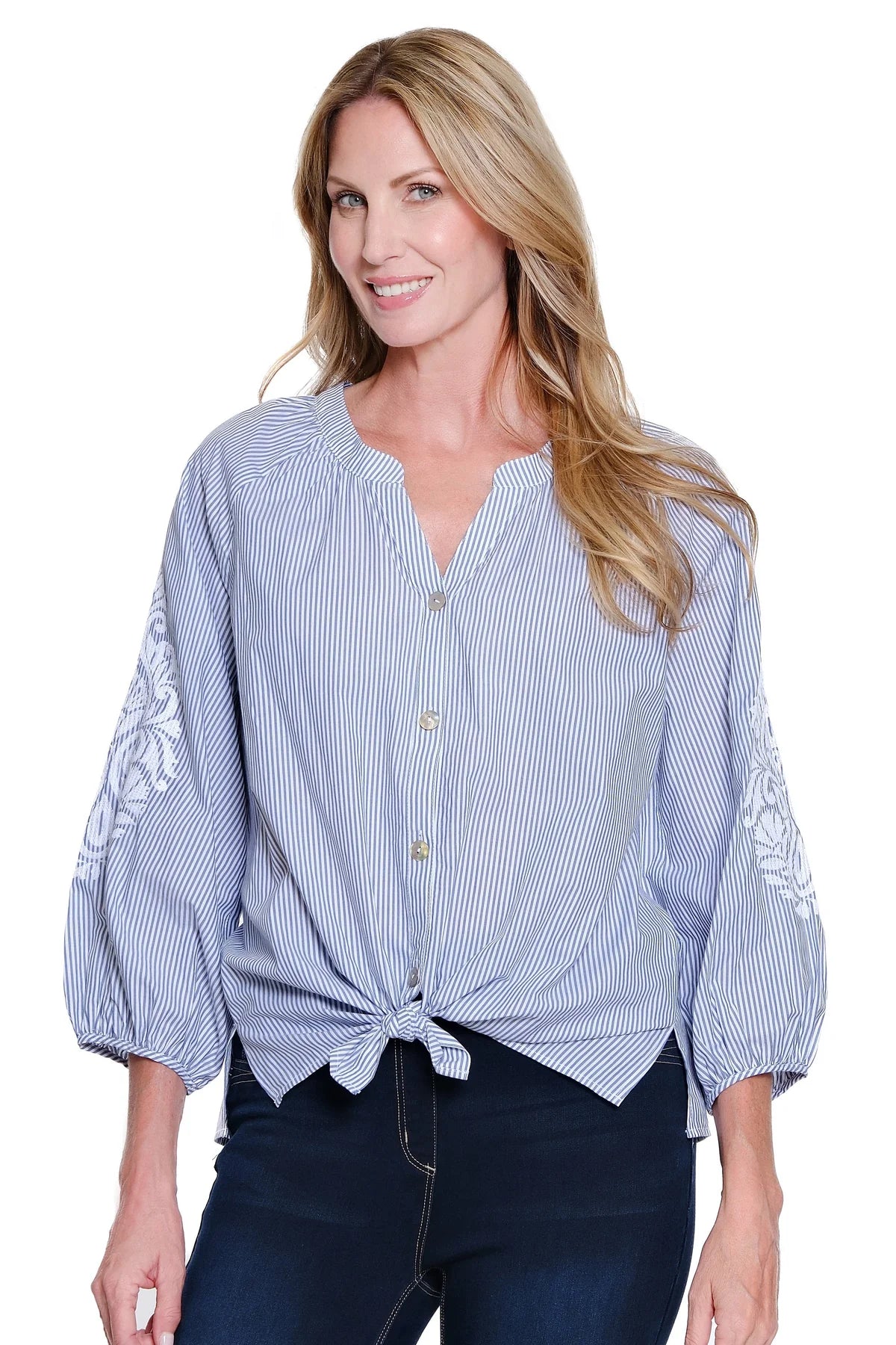 Blue and White Raglan SLV Front Tie Waist Plus Top