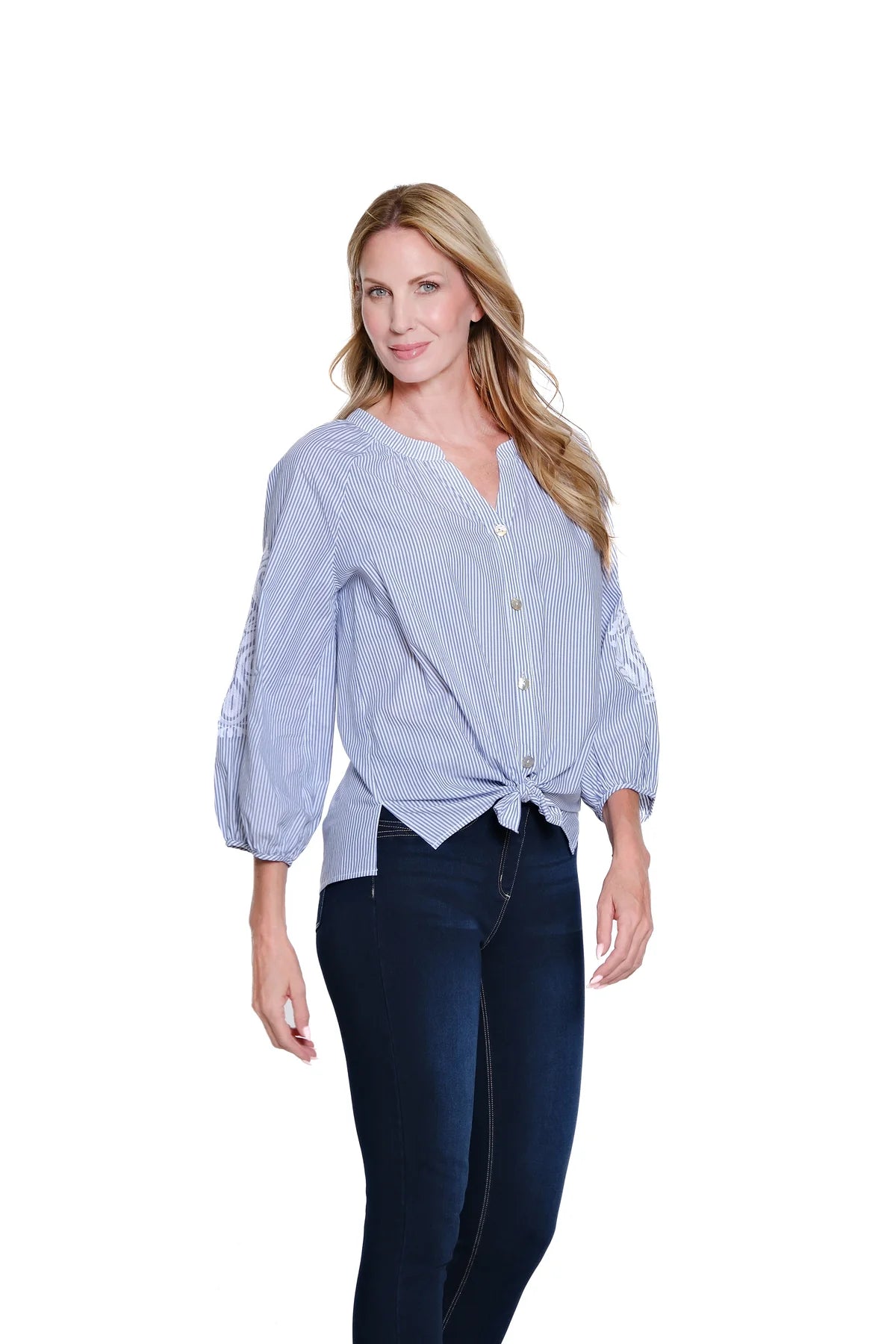 Blue and White Raglan SLV Front Tie Waist Plus Top