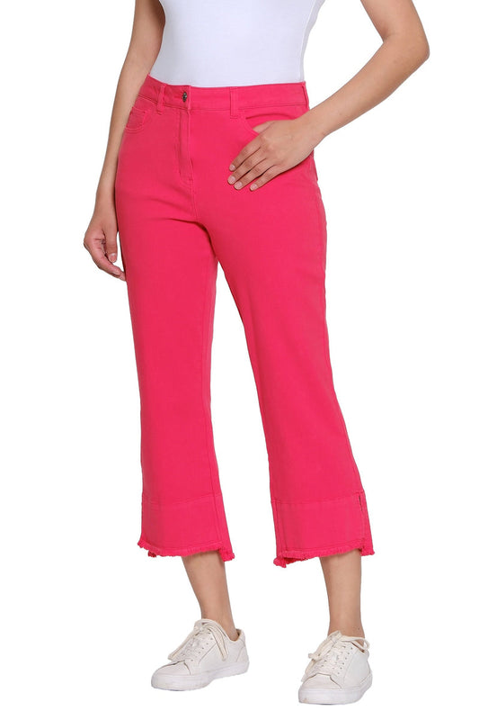 Red Button and Zip Fringe Hem Crop Pant