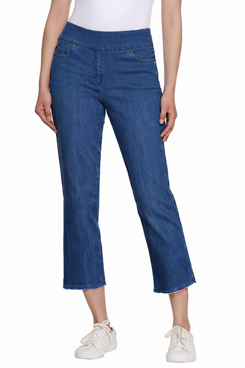 Denim Pull-On Fringe Hem Crop Pant with Pockets
