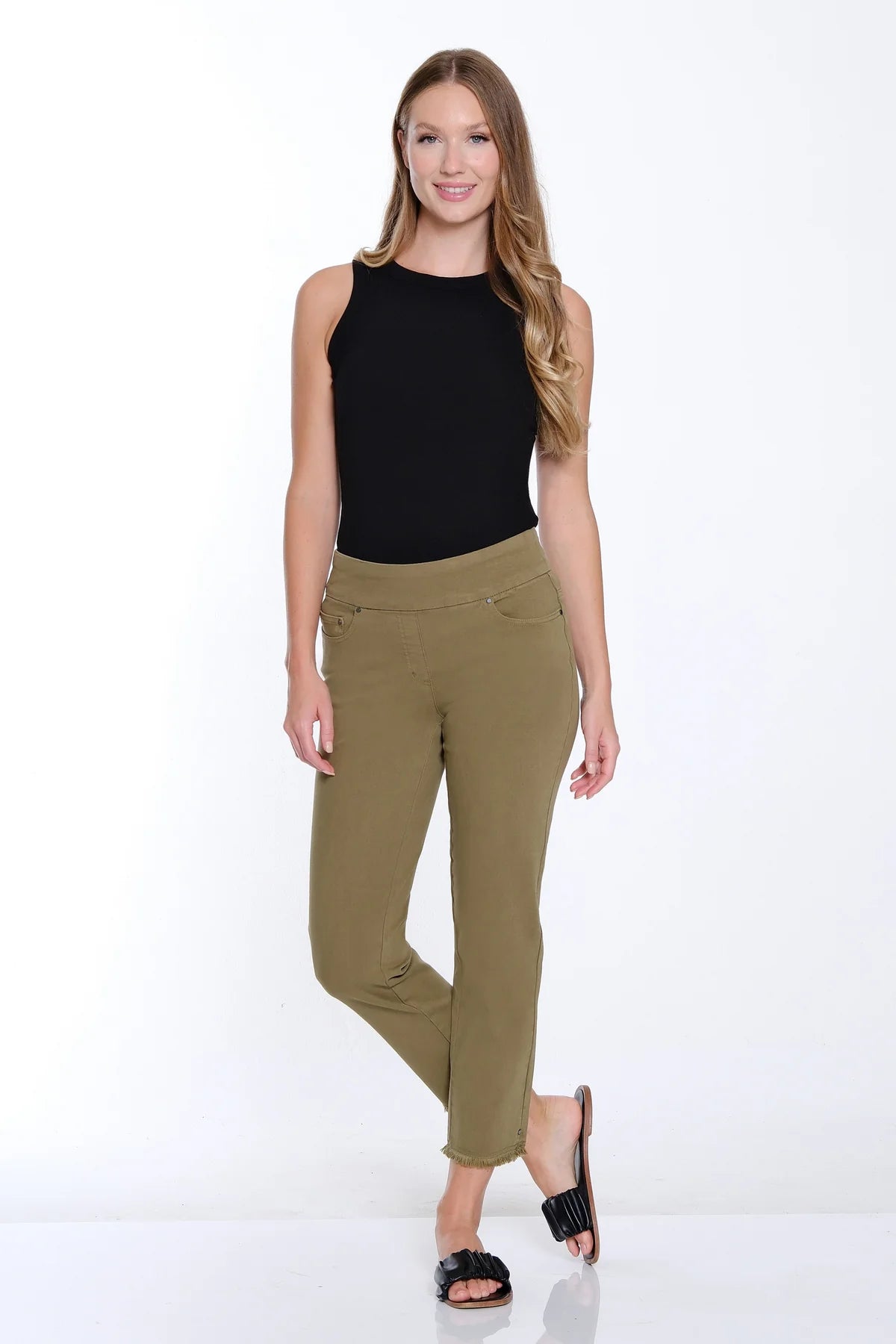 Moss Green Pull On Fringe Hem Ankle Pant