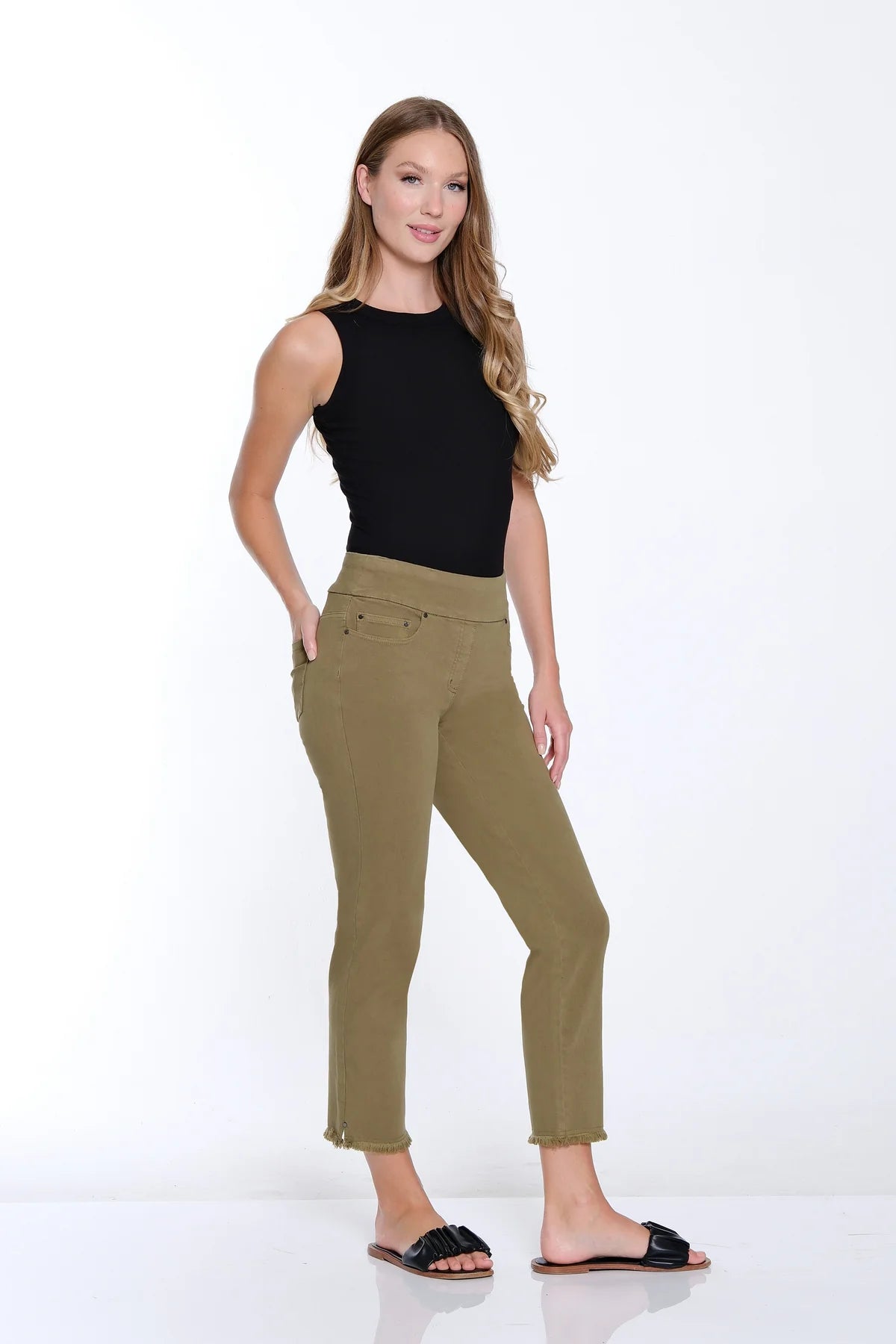 Moss Green Pull On Fringe Hem Ankle Pant
