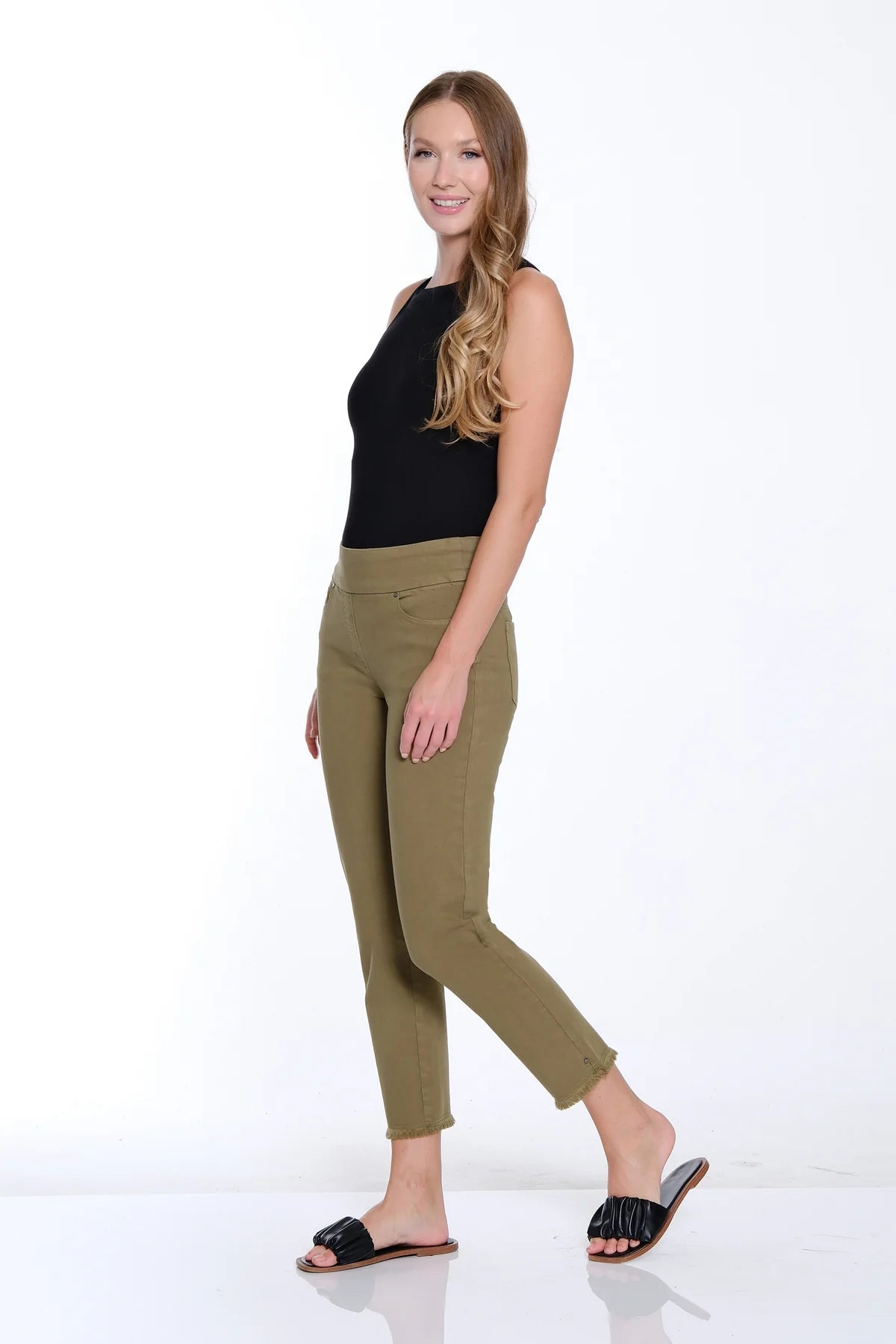 Moss Green Pull On Fringe Hem Ankle Pant