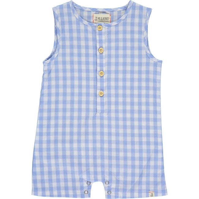 Image of blue and white sleeveless check romper with small wooden buttons on a white background. 