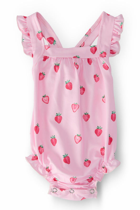Sweet Strawberries Ruffle Cross Back Romper