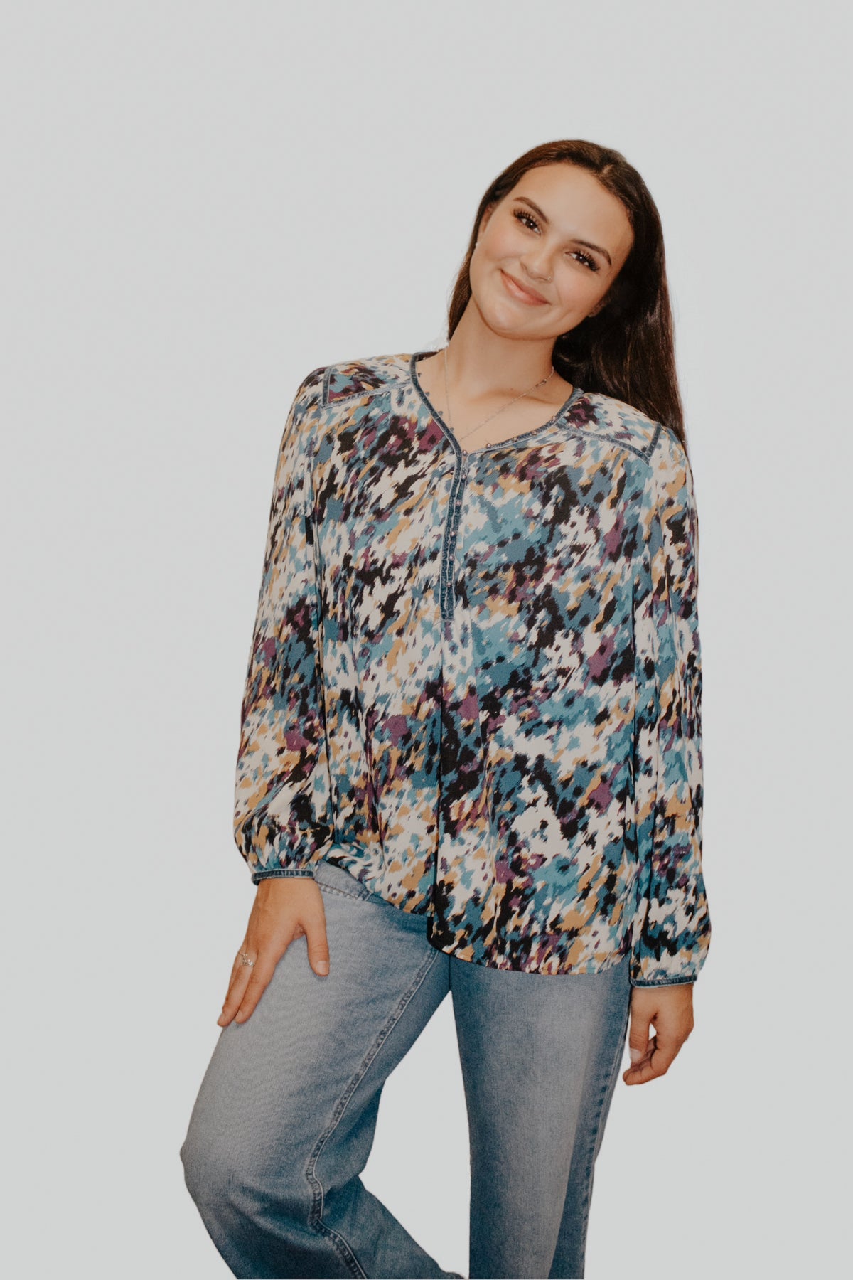 Teal and Gold Long Sleeve Brush Blouse