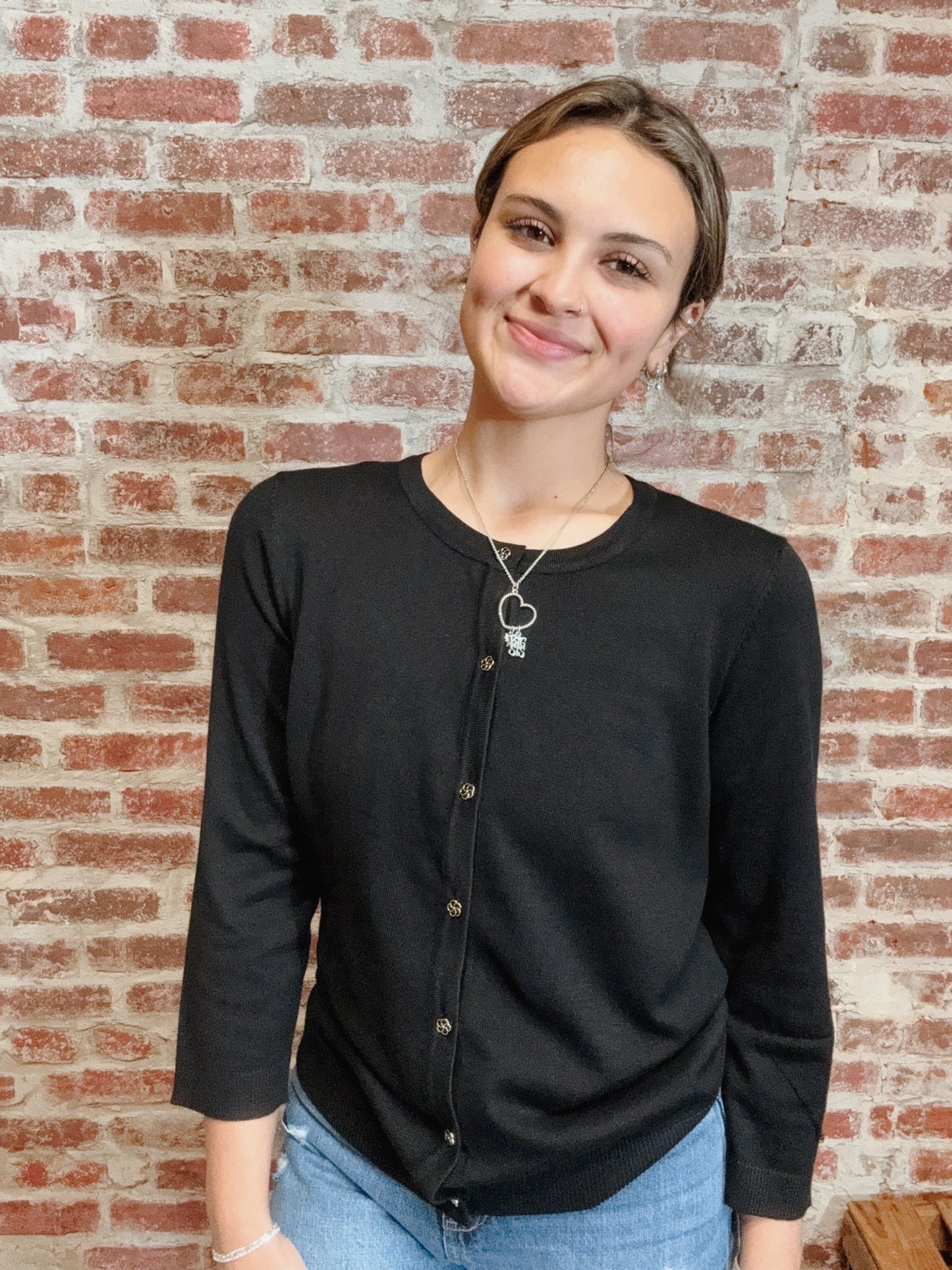 Black Cardigan Flower Button Detail