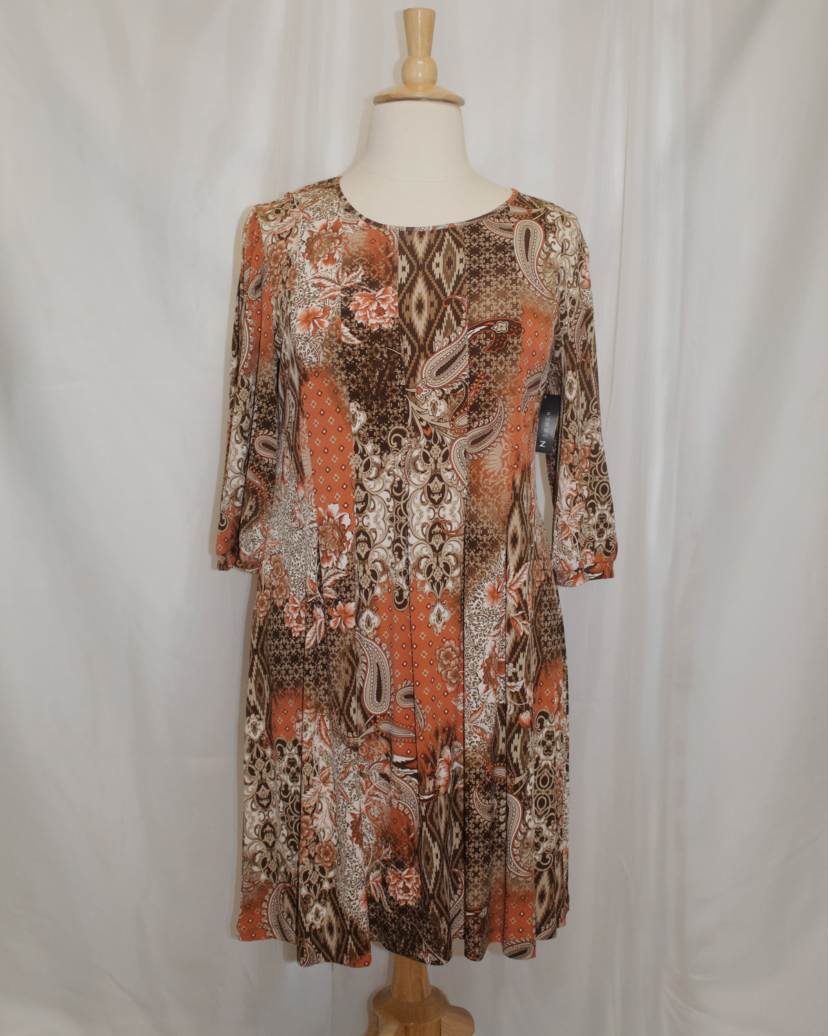 Brown and Clay Abstract 3/4 Sleeve Dress