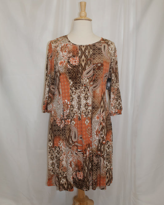 Brown and Clay Abstract 3/4 Sleeve Dress
