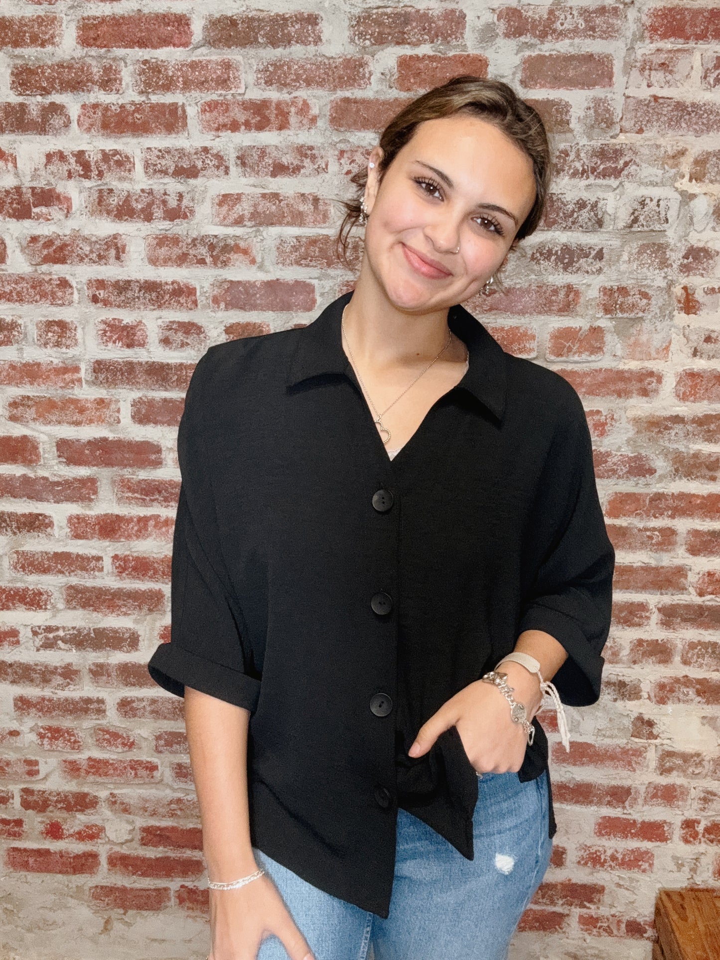 Black Turn Up Cuff 3/4 SLV Shirt