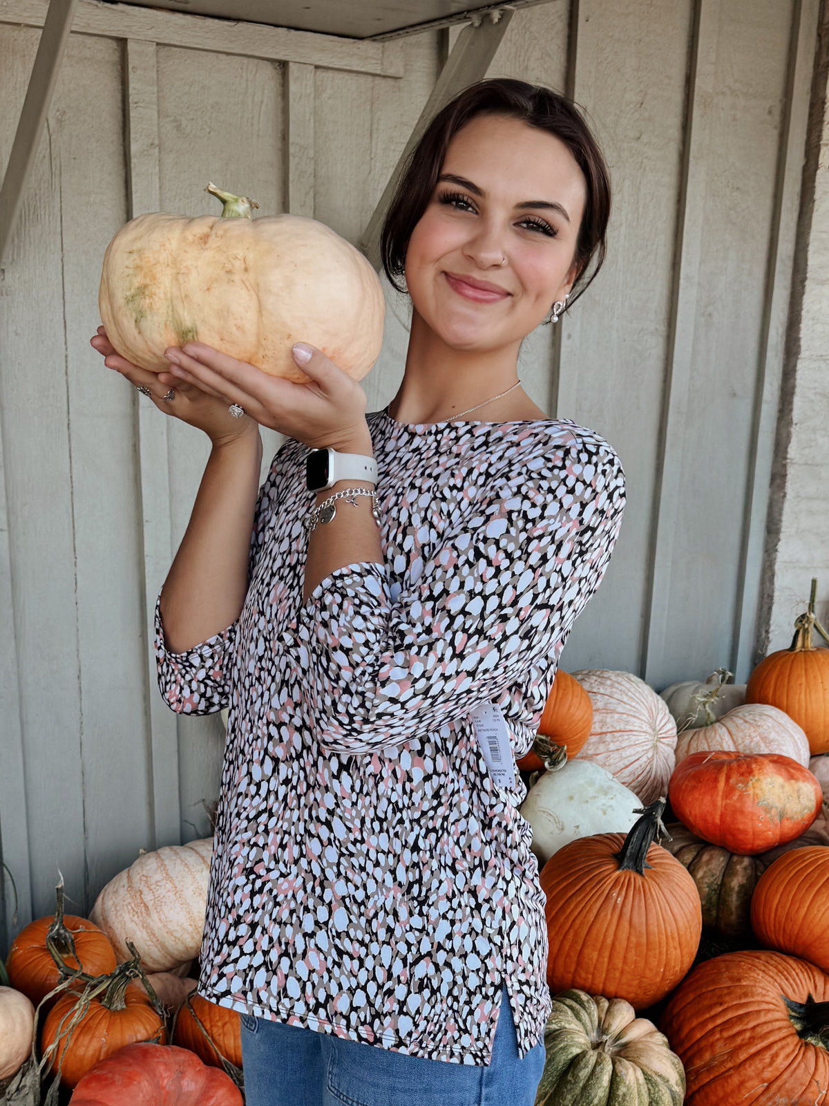 Sand/Peach/Black Dot Print 3/4 Sleeve Top
