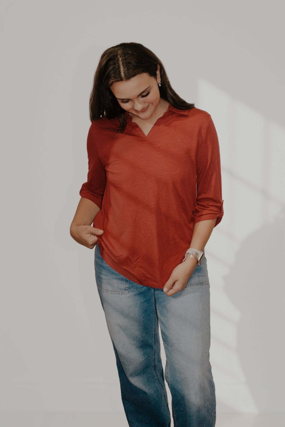 Burgundy Collar Roll Tab Sleeve Top
