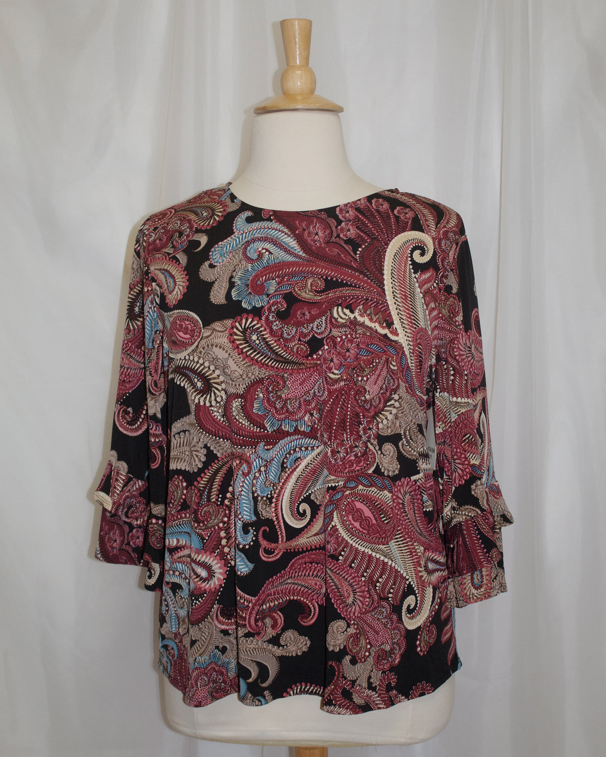 Plum Blue Black Paisley Bell Sleeve Top