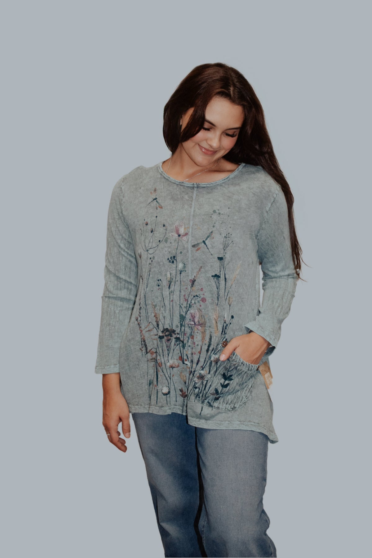 Teal Floral Front Seam Single Pocket Top