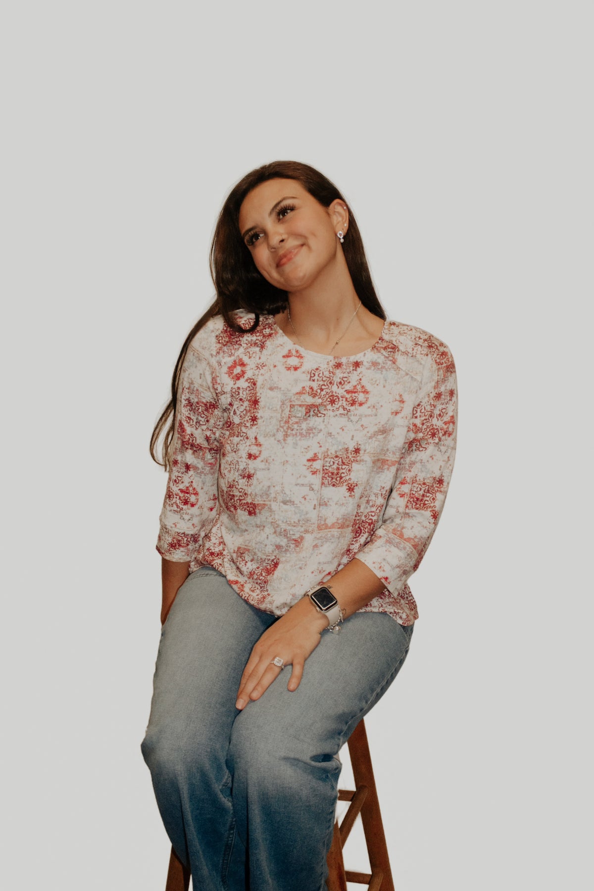Wine and Ivory Abstract 3/4 Sleeve Top