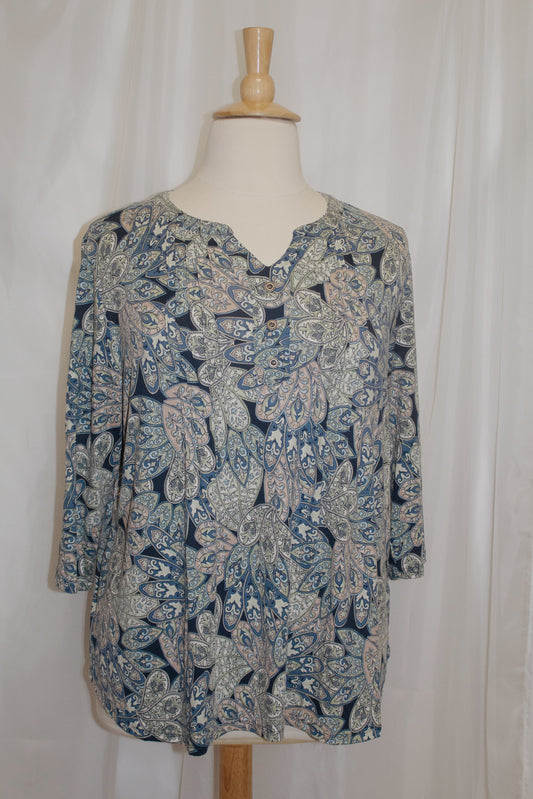 Blue Green Beige 3/4 Sleeve Paisley Top