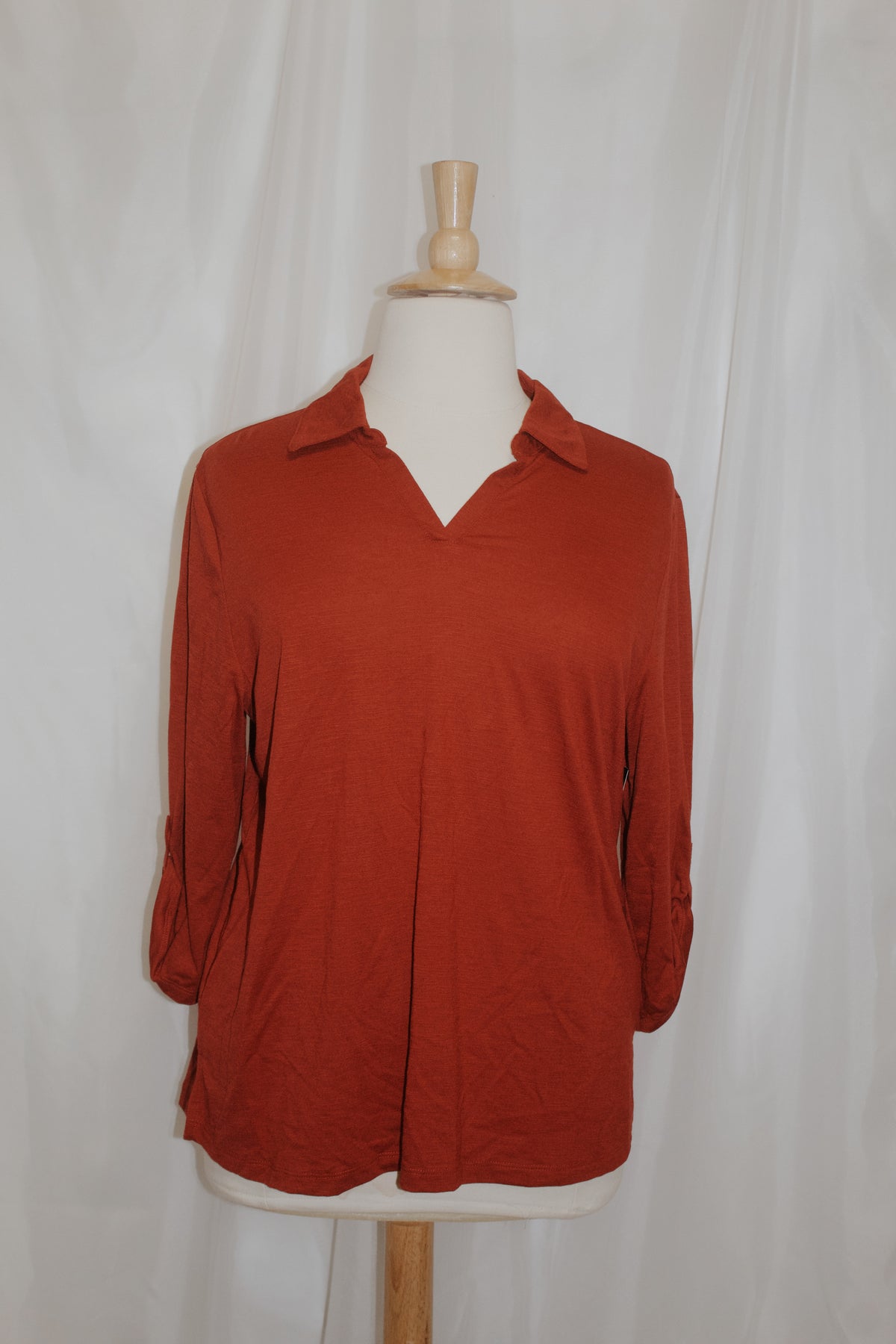 Burgundy Collar Roll Tab Sleeve Top