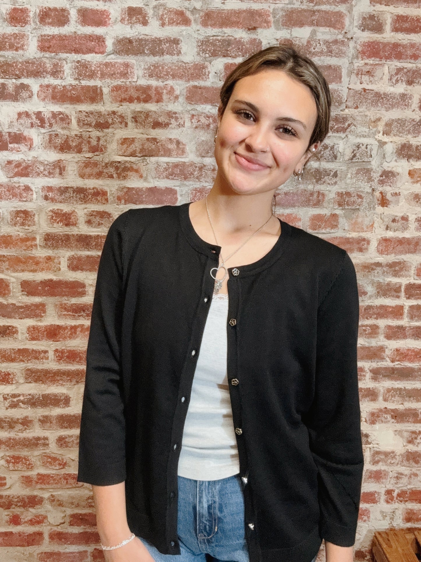 Black Cardigan Flower Button Detail