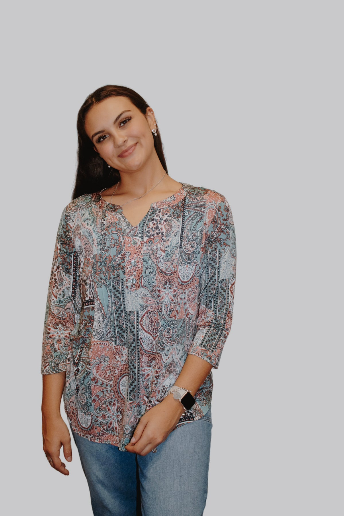 Teal and Clay Paisley 3/4 Sleeve Top