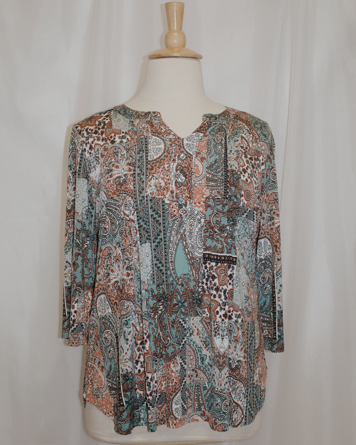 Teal and Clay Paisley 3/4 Sleeve Top