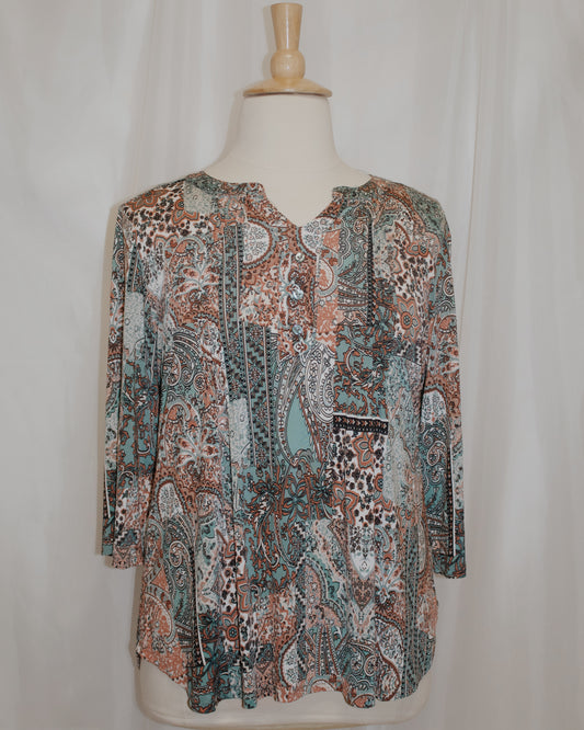 Teal and Clay Paisley 3/4 Sleeve Top