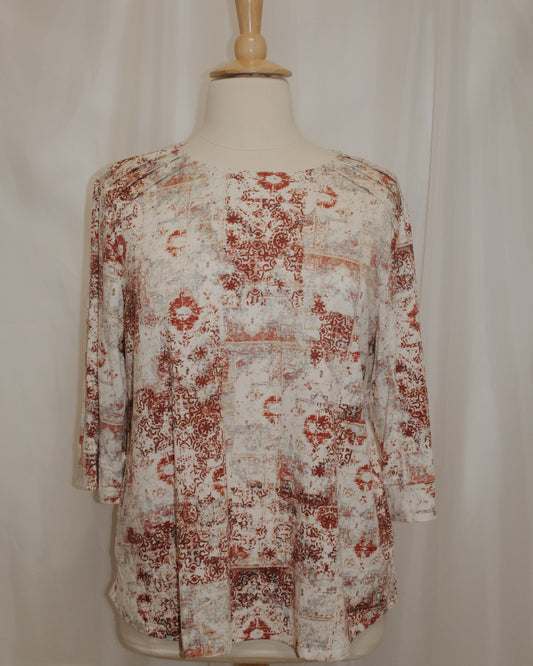 Wine and Ivory Abstract 3/4 Sleeve Top