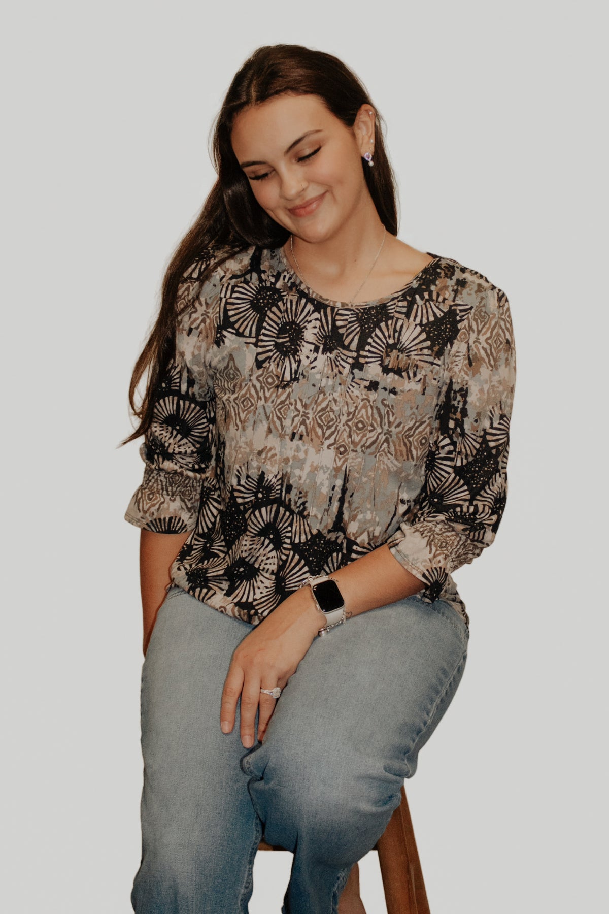 Storm Brown Black Cinched 3/4 Sleeve Top