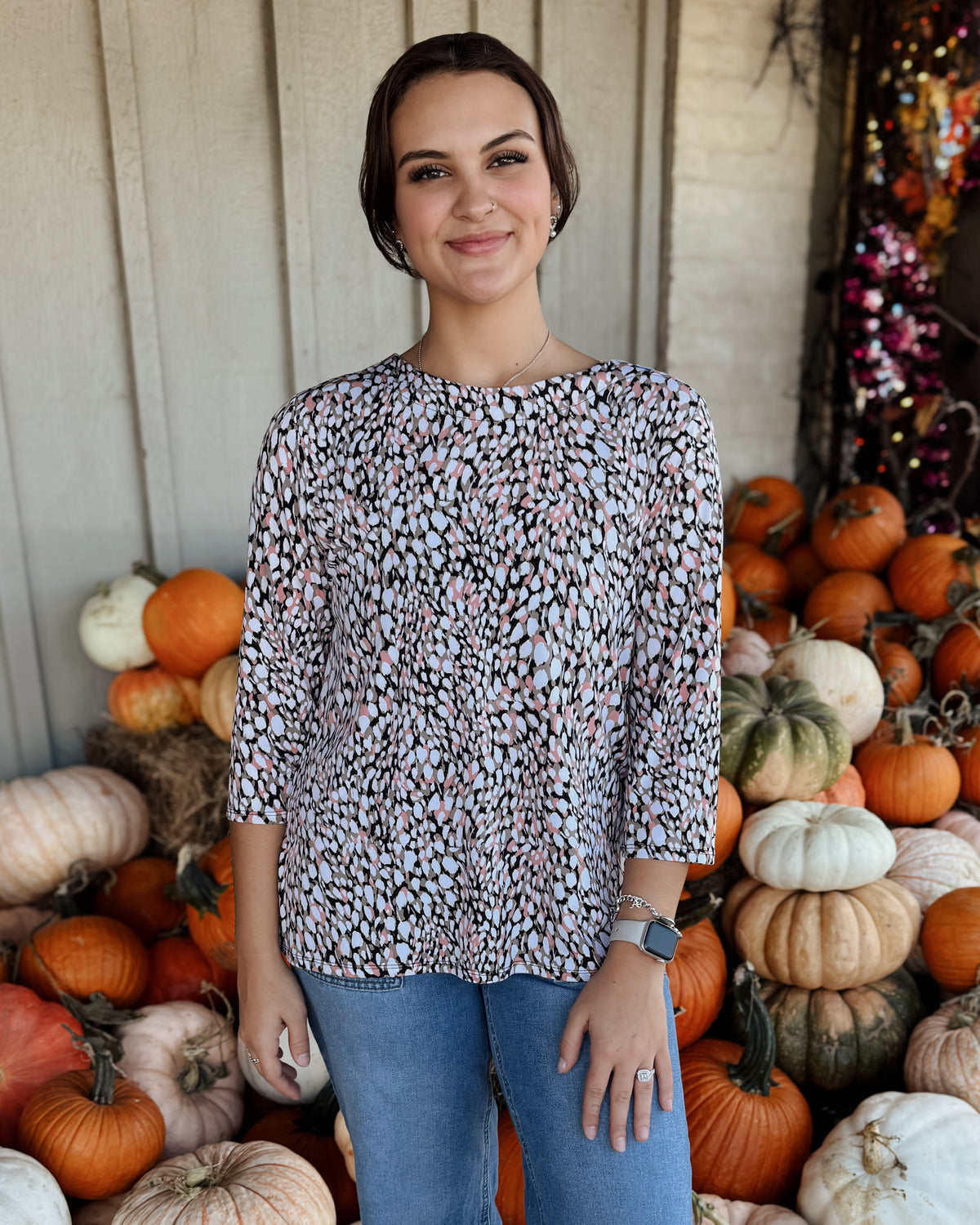 Sand/Peach/Black Dot Print 3/4 Sleeve Top