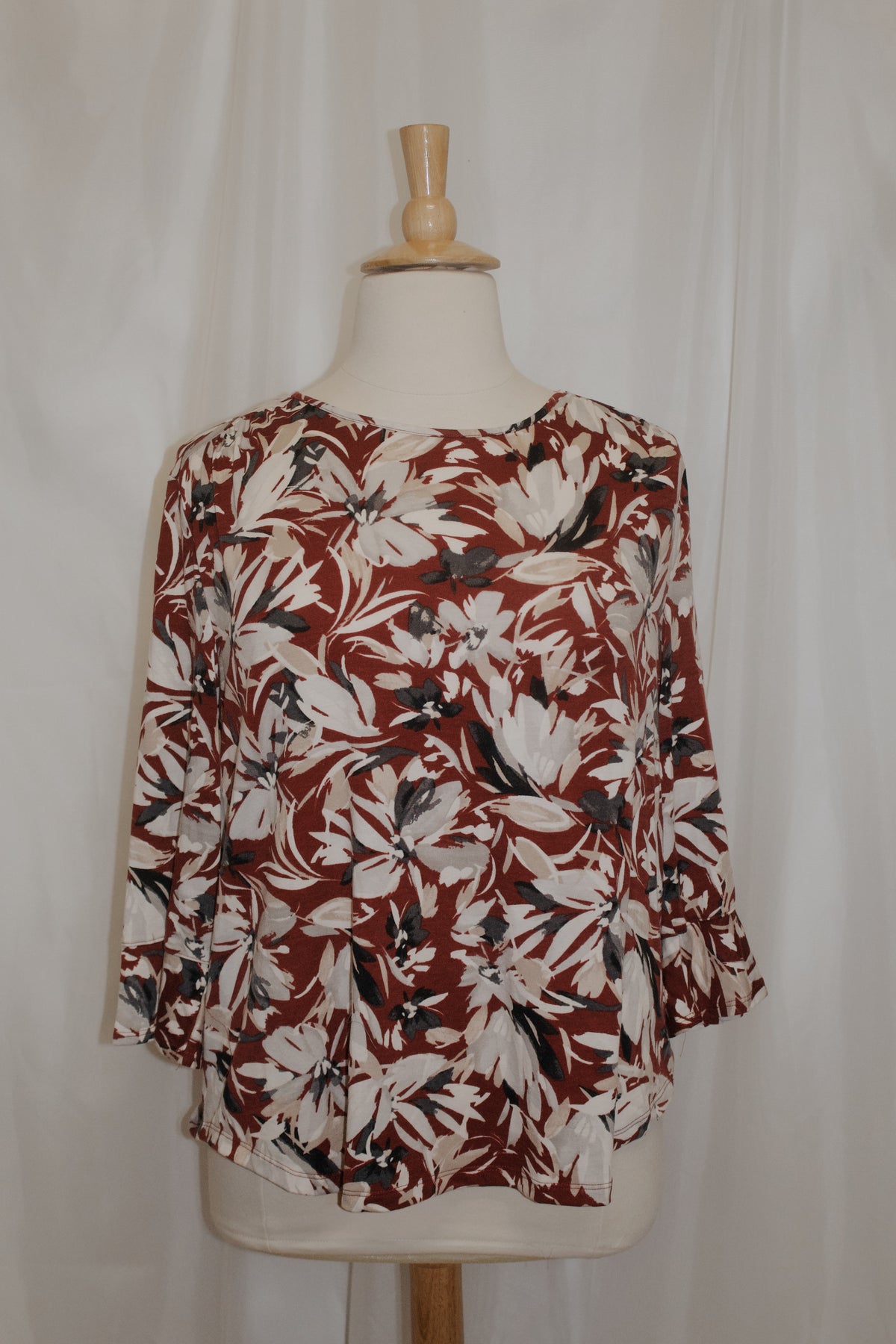 Wine Beige Black Floral Bell Sleeve Top