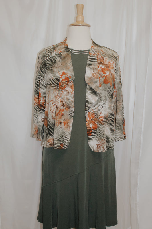 Olive and Clay Abstract Dress and Jacket Set