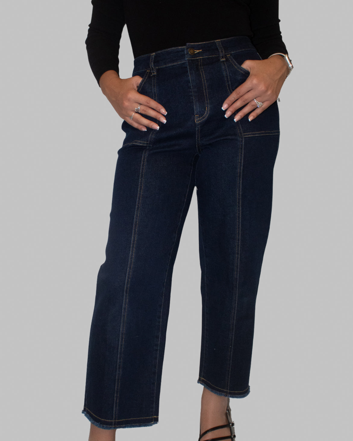 Dark Denim Zip Button Fringe Hem Crop Jean with Pockets
