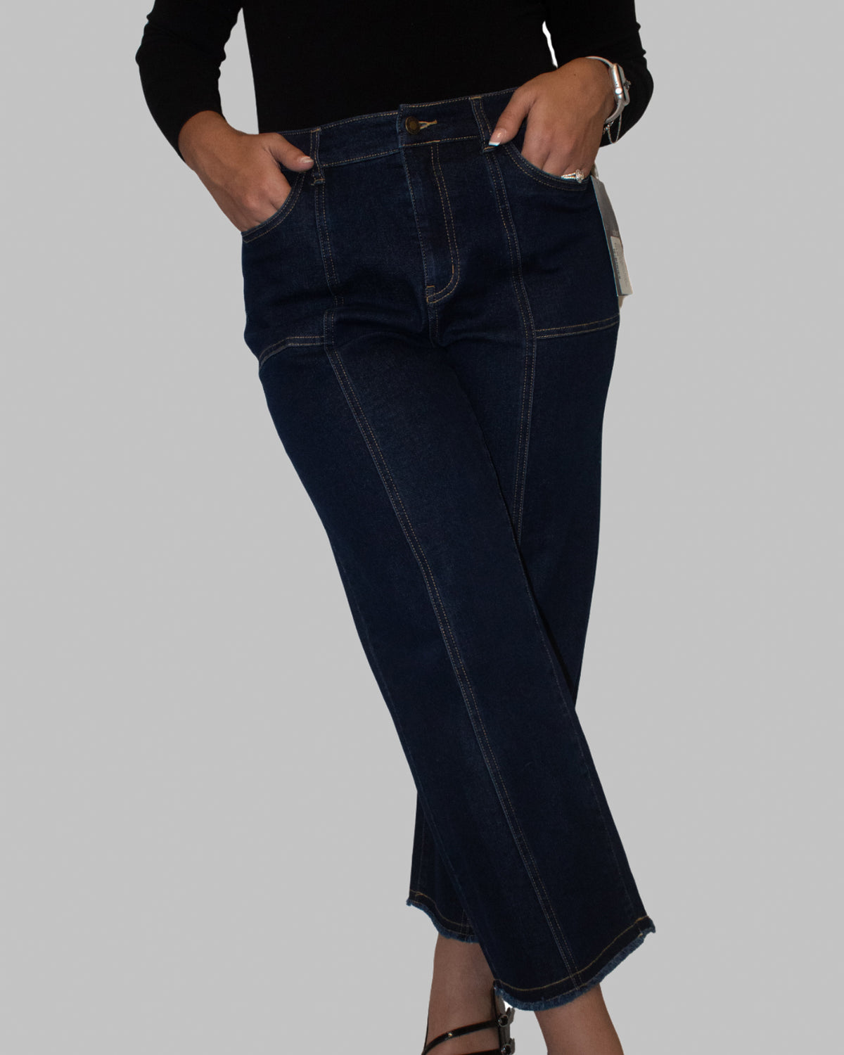 Dark Denim Zip Button Fringe Hem Crop Jean with Pockets