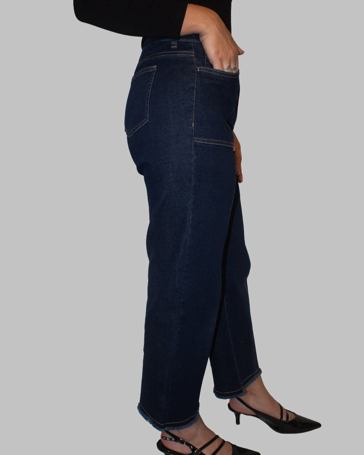 Dark Denim Zip Button Fringe Hem Crop Jean with Pockets