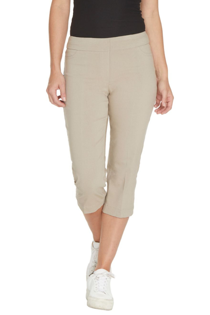 Khaki Pull On Capris With Back Pockets