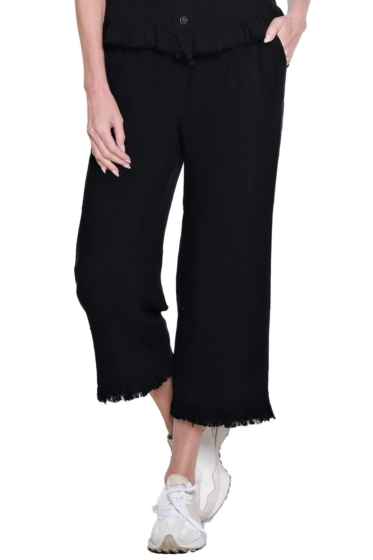Black Drawstring Ruffle Hem Crop Pant w/Pockets