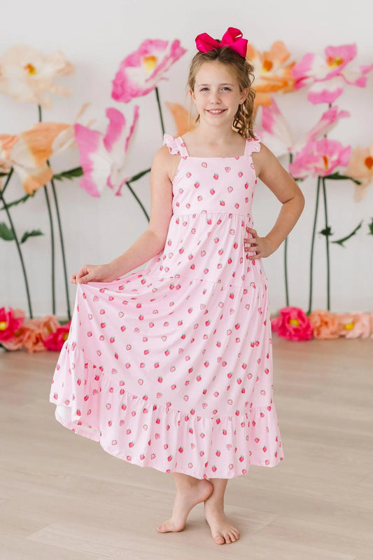 Sweet Strawberries Ruffle Maxi Dress for little girls twirl dress