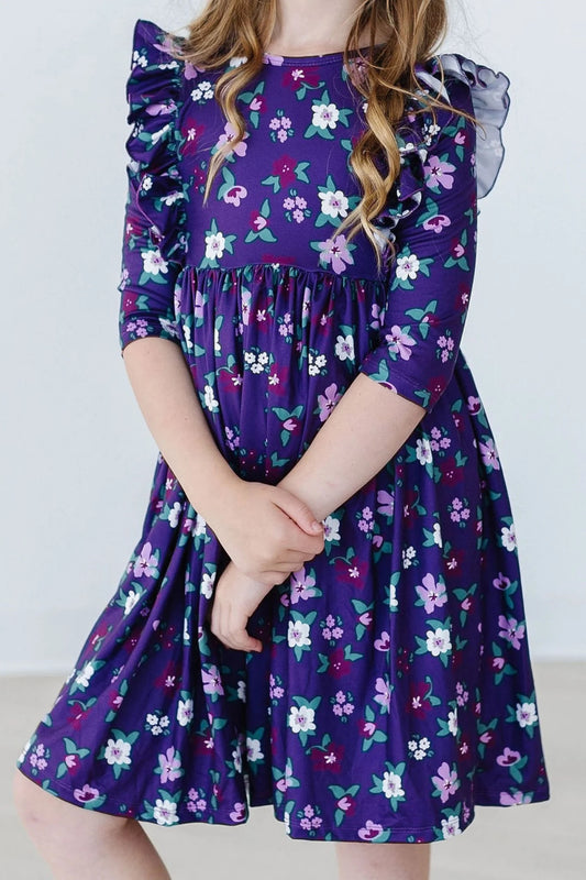 Violets in Bloom Ruffle Shoulder Twirl Dress