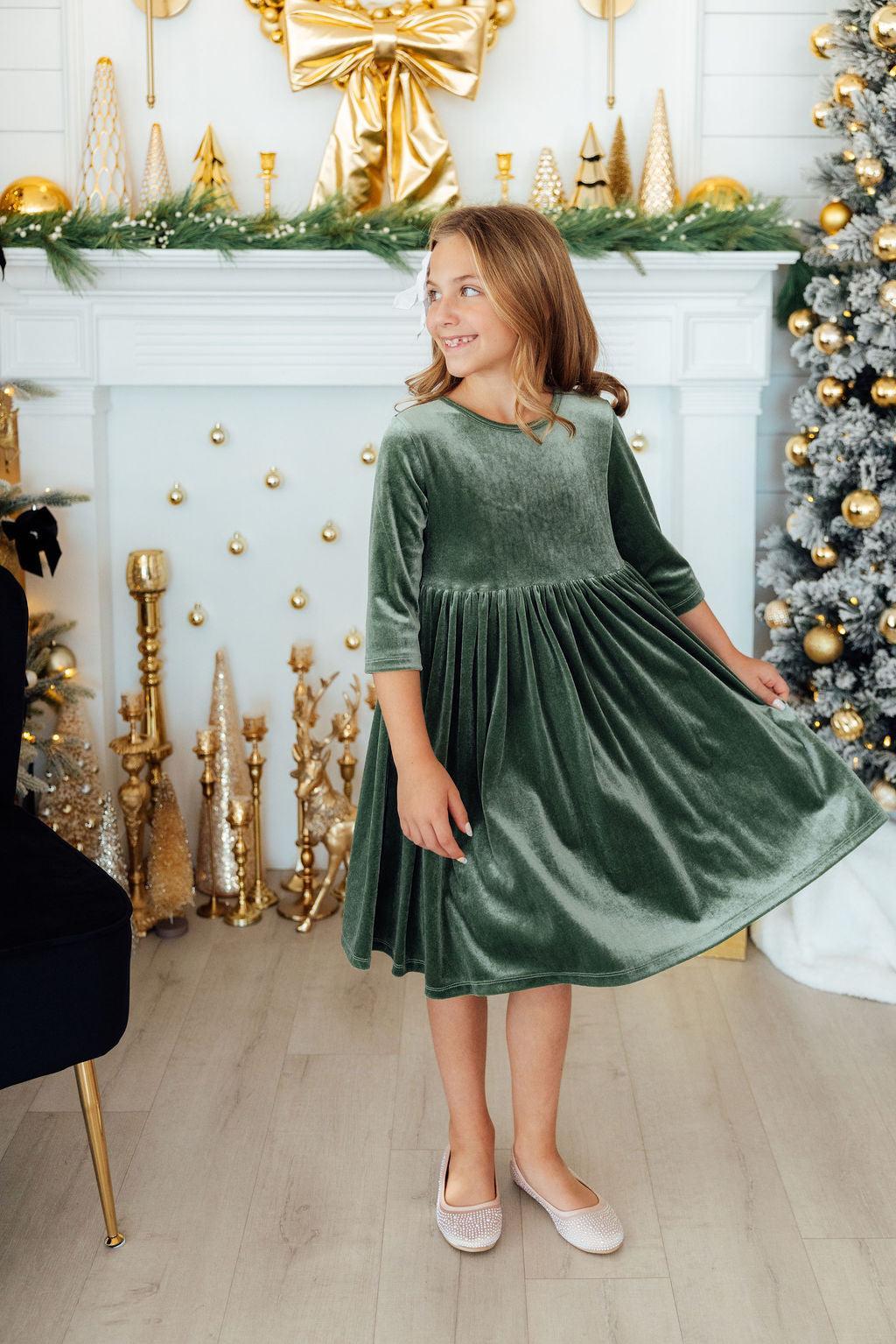 Sage Velvet Twirl Christmas Dress