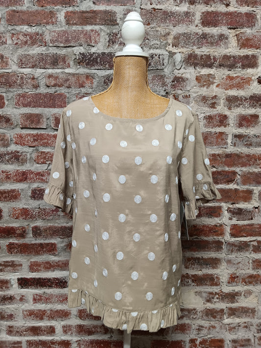 Khaki Polka Dot Back Button Top