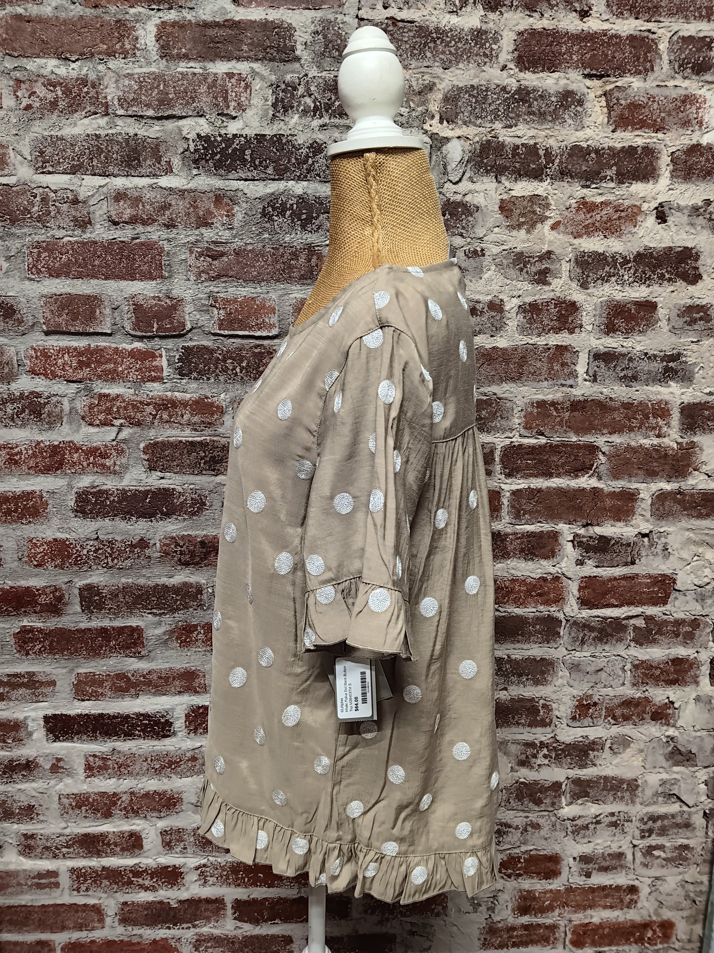 Khaki Polka Dot Back Button Top