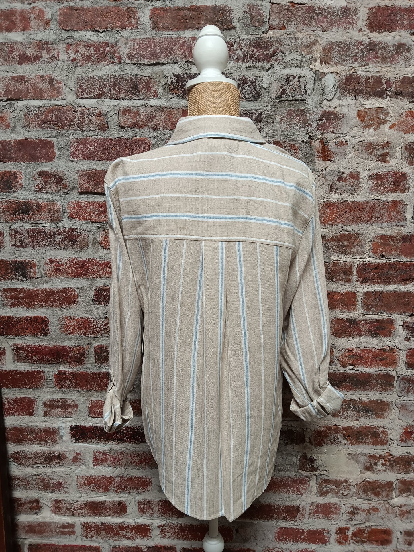 Beige and Blue Striped Button Up Top