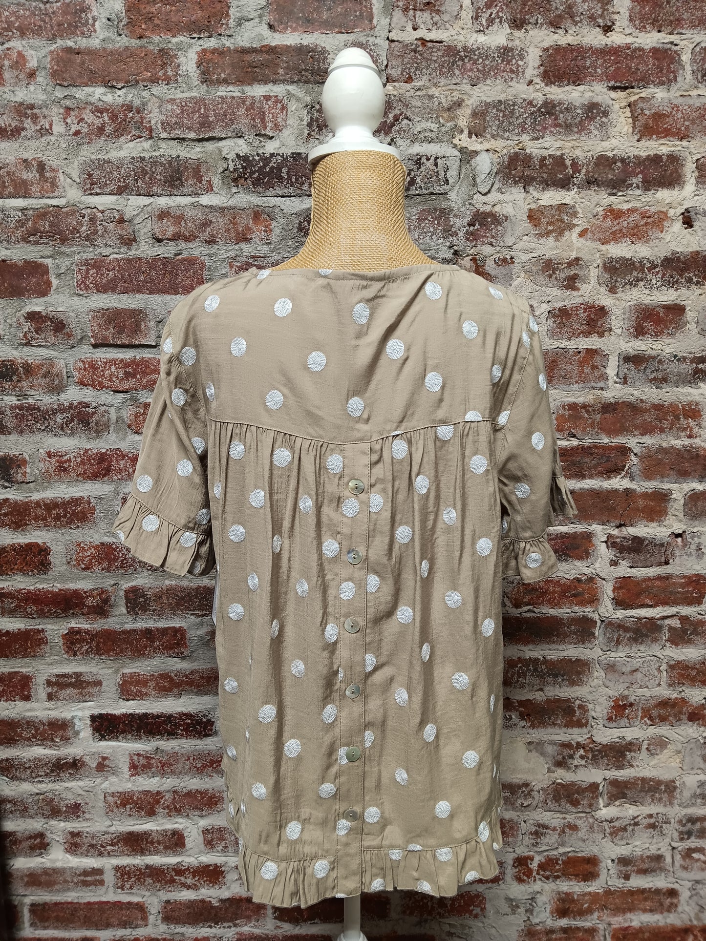Khaki Polka Dot Back Button Top