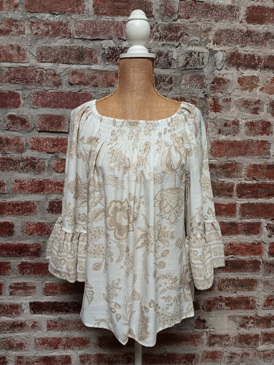 Creme Floral Shirred Neck Top
